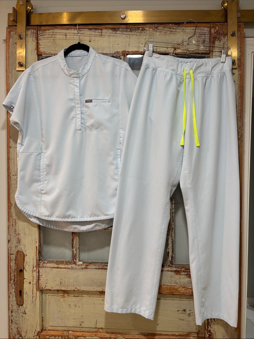 FIGS Men's White Jogger Pants with Neon Yellow Drawstring